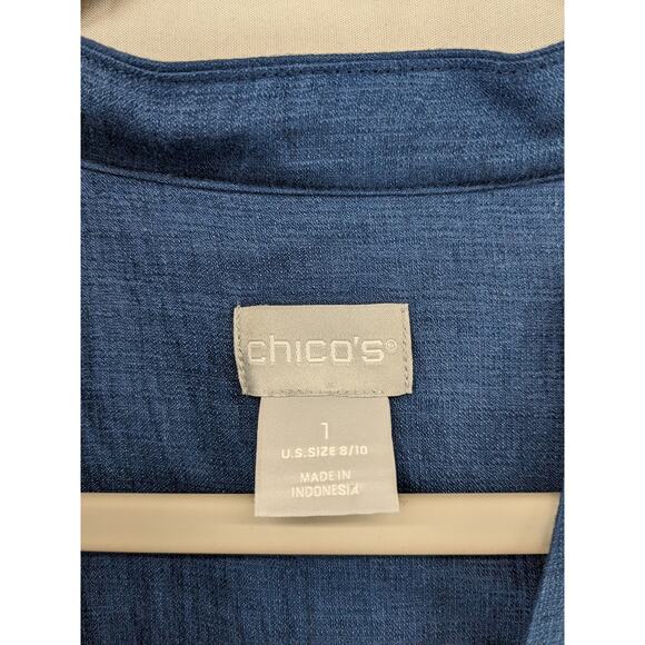 Chico's Shift Dress 8/10 Blue Button Front Split V Neck‎ Short Sleeve Slit Shirt - Picture 3 of 11